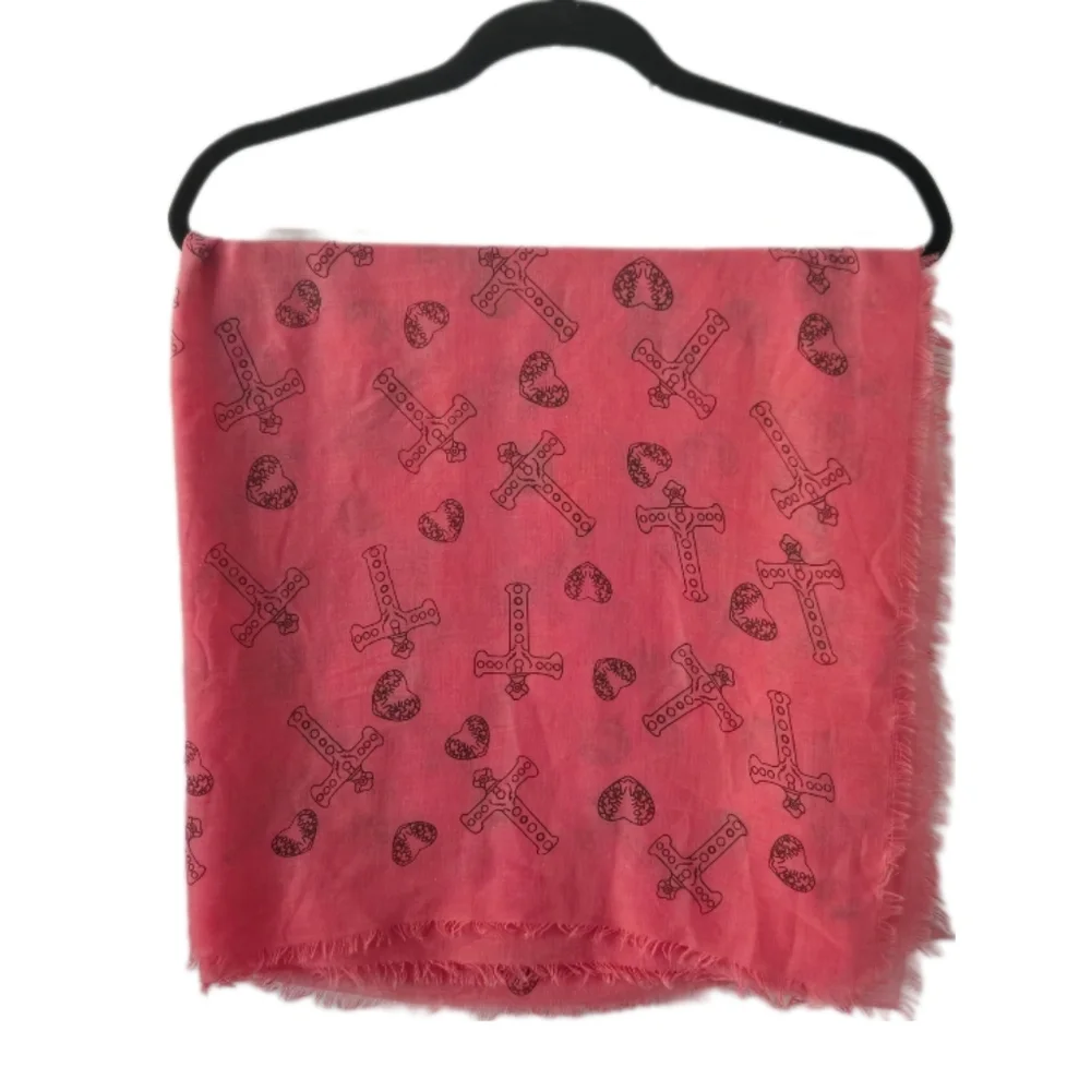 Red Pink Heart Cross Print Viscose Scarf Fringe Lightweight Boho Wrap